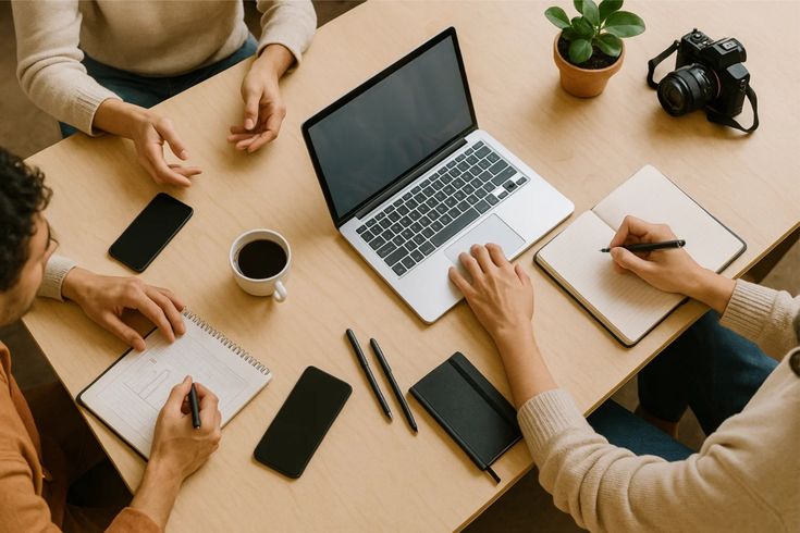 Tim bisnis berdiskusi menggunakan laptop